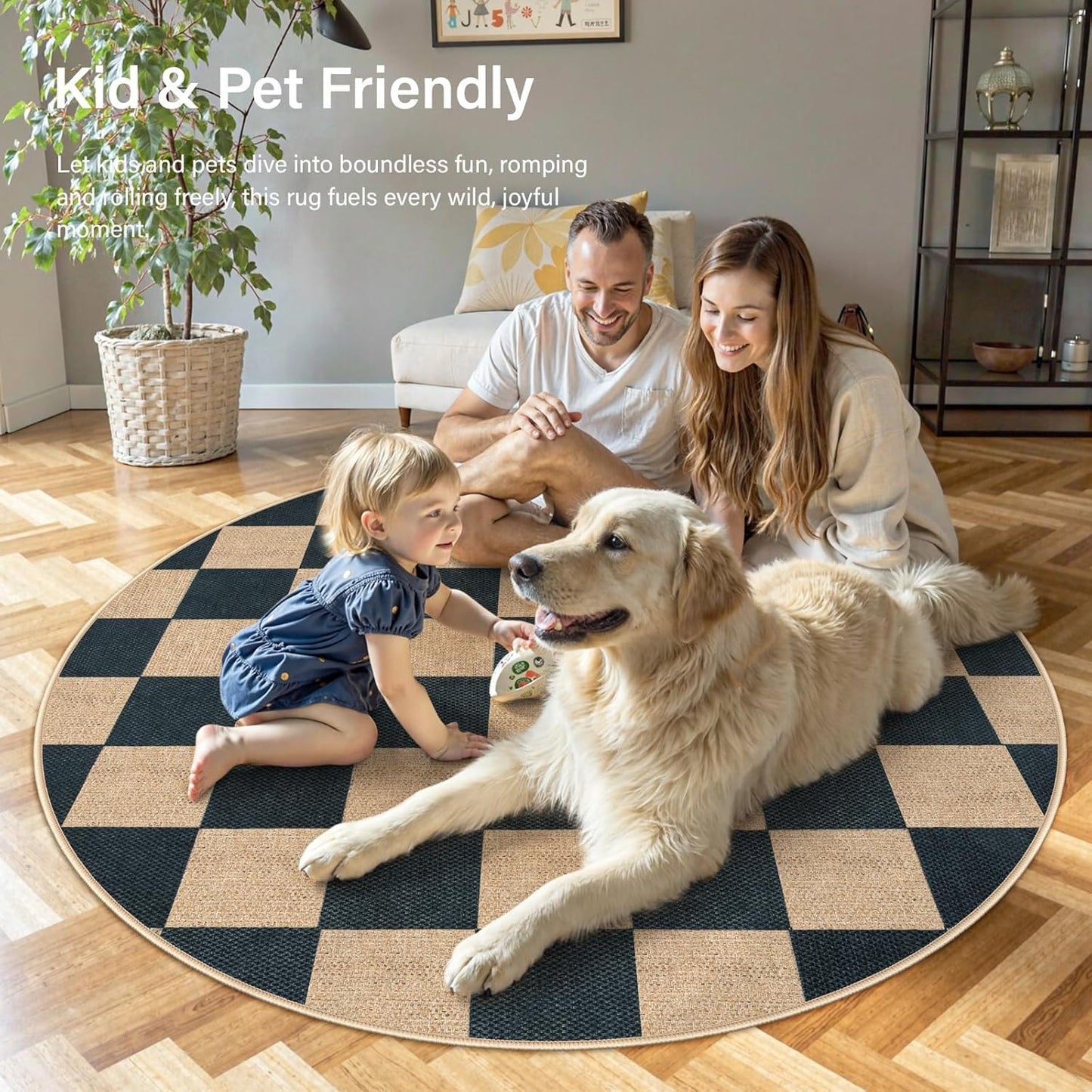 Lahome Checkered Easy Jute Rugs for Entryway, 3 ft Round Rug Small Indoor Outdoor Circle Carpet, Farmhouse Neutral Non Slip Non Shedding Black Carpet for Kitchen Front Porch Foyer