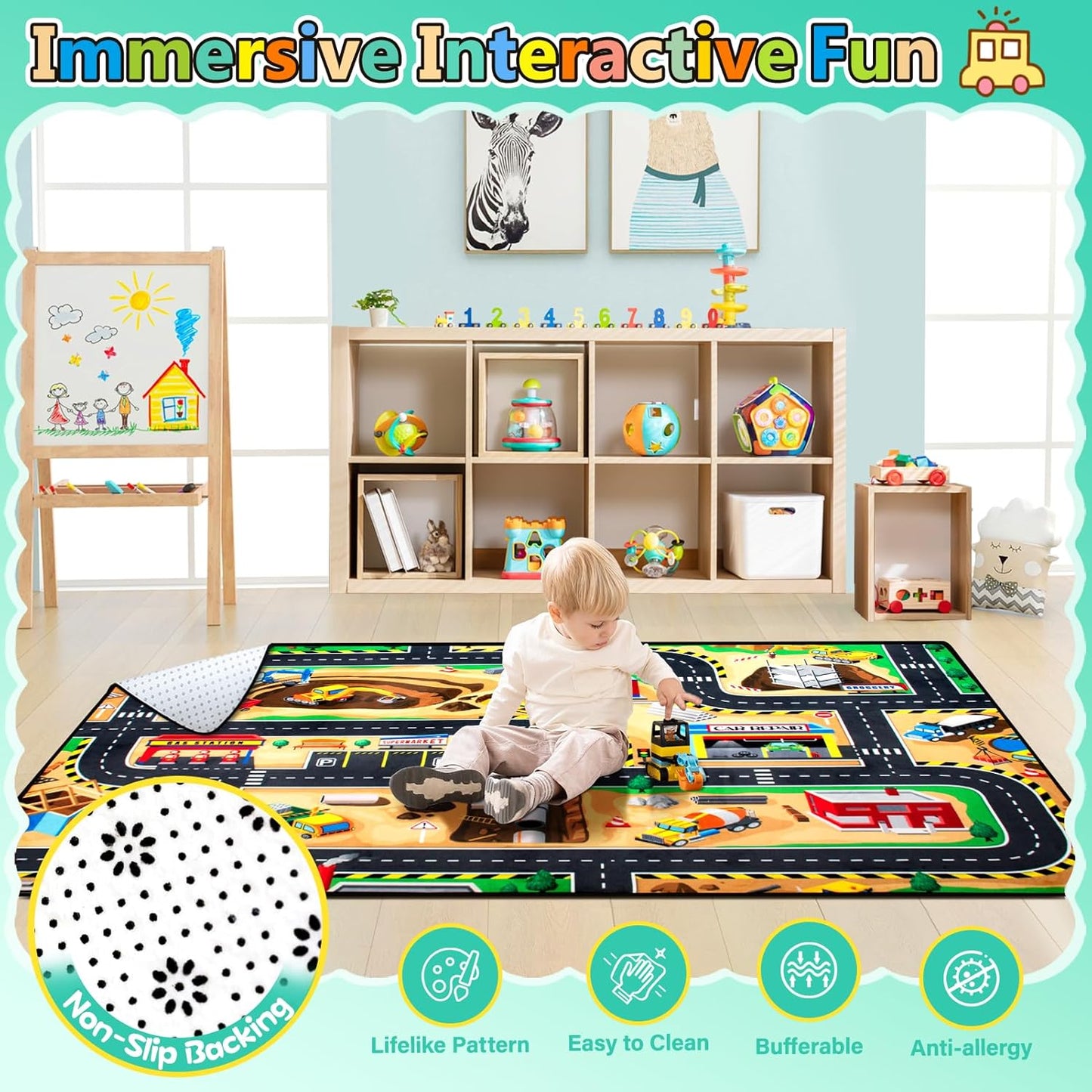 Kids 6x9 Ft Construction Site Play Rug, Baby Play Mat, Tufted Wool & Rubber, Non-Slip, Stain & Fade Resistant, Machine Washable, Rustic Cartoon Construction Site Pattern