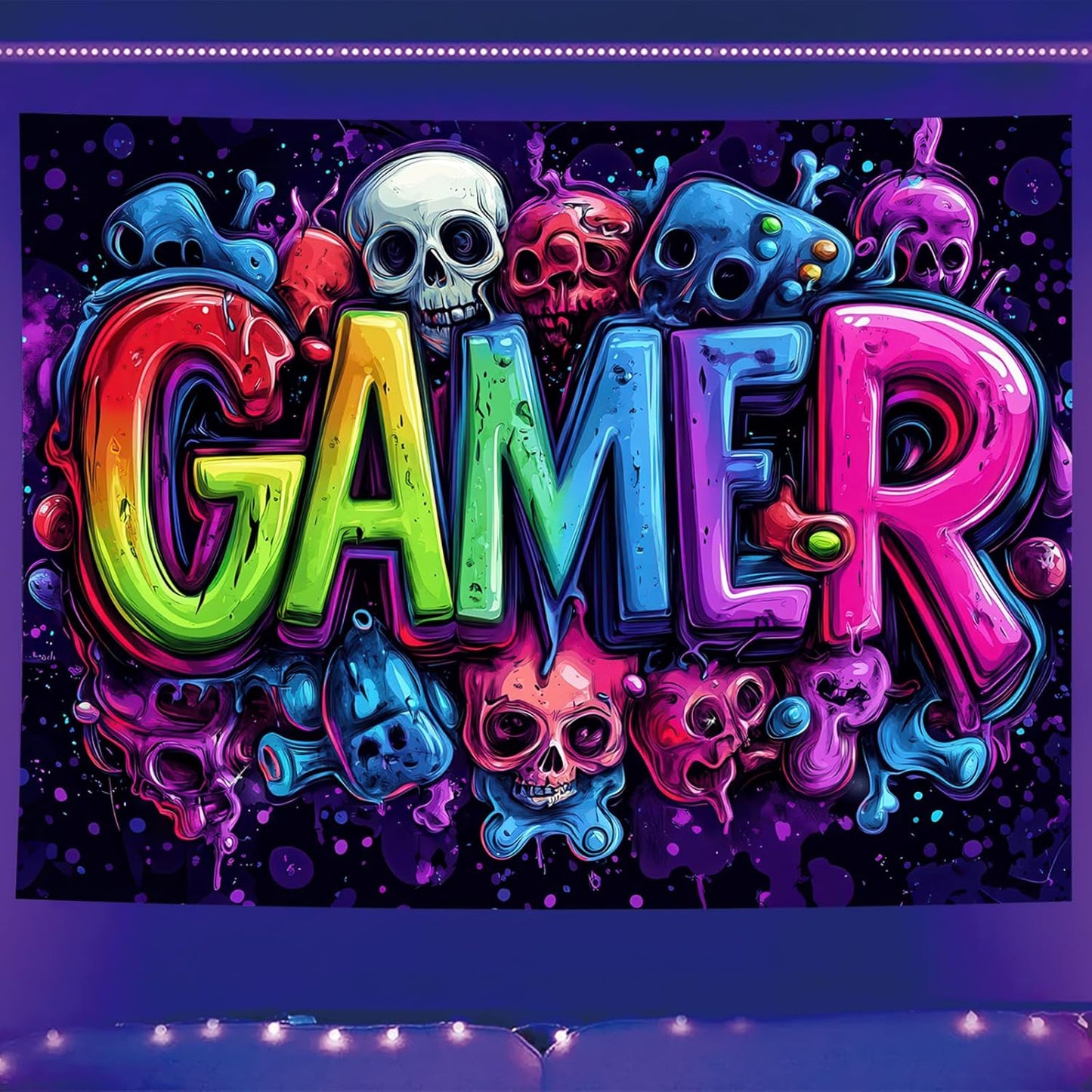 Starlit Patio Blacklight Skull Tapestry Gothic Skeleton UV Reactive Gamer Tapestry Horror Glow in The Dark Wizard Magic Forest Wall Hanging for Home Decor 78 x 59 Inches