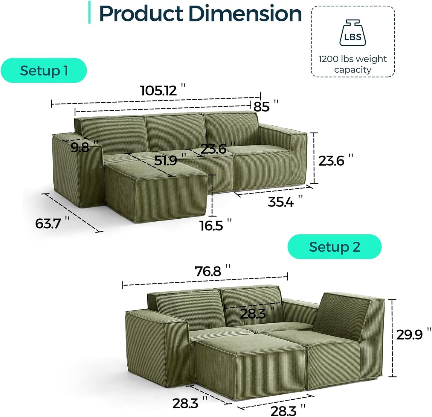 LINSY HOME Modular Sectional Sofa, 105" Boneless Couch L Shaped 3-Seat Sofa with Ottoman, Corduroy Sectional Cloud Couches for Living Room, No Assembly Required, Green
