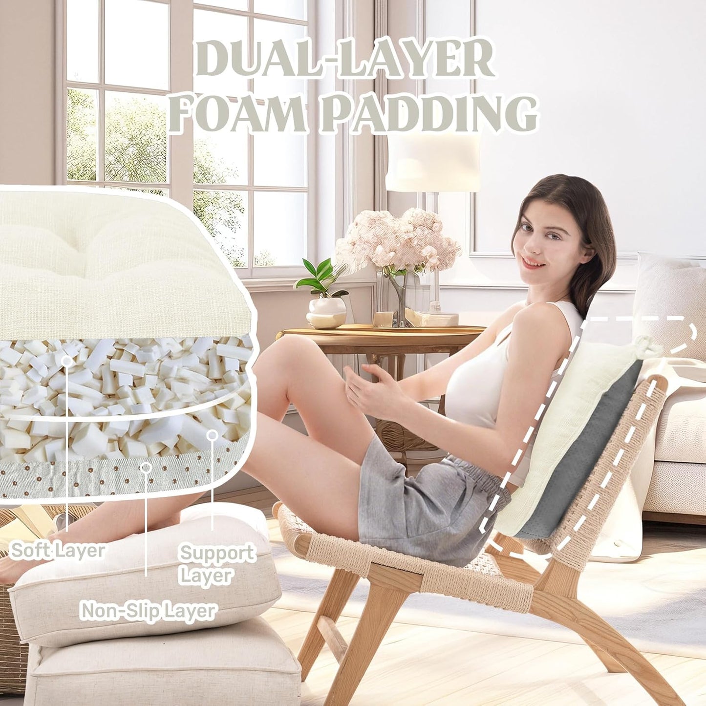 puredown® Chair Cushions for Dining Chairs, Tufted Memory Foam Chair Pads with Non-Slip Backing, Kitchen Seat Cushions with Ties, Washable Seat Pads Set of 4, 15.5" x 15.5" x 4", Ivory