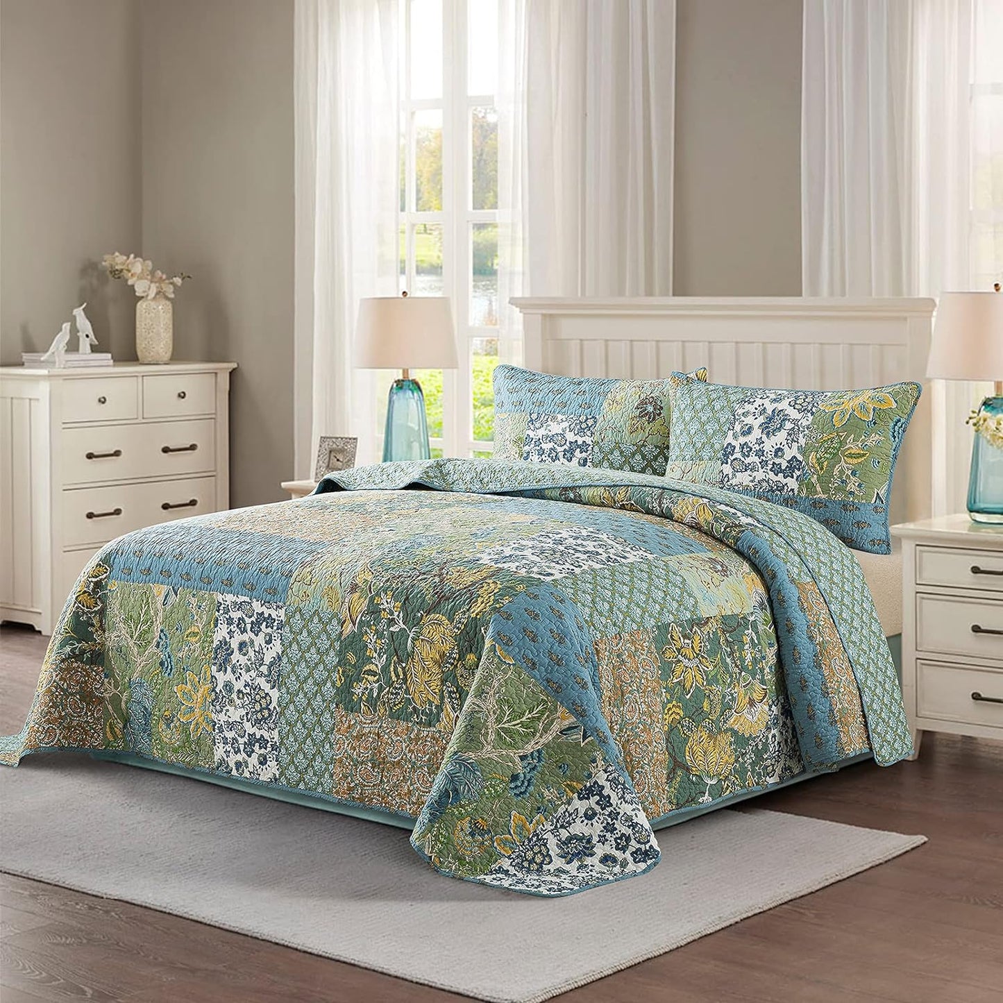 NEWLAKE Cotton Patchwork Bedspread, 3-Piece Bedding Quilt Set with Real Stitched Embroidery, Reversible Matelasse Bed Coverlet Set,Green Farmhouse Garden,Twin Size