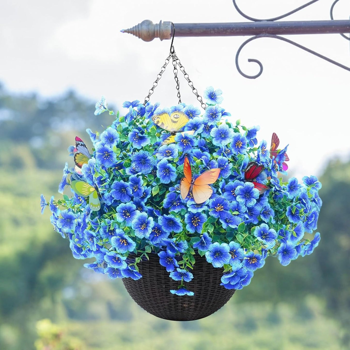 ‌20 Bundles Artificial Flowers for Outdoors‌ with 6 Faux Butterflies, UV Resistant ‌Fake Flowers‌ with Eucalyptus Leaves, ‌Artificial Plants Outdoor‌ for Patio Garden Porch Home Decor (Blue)