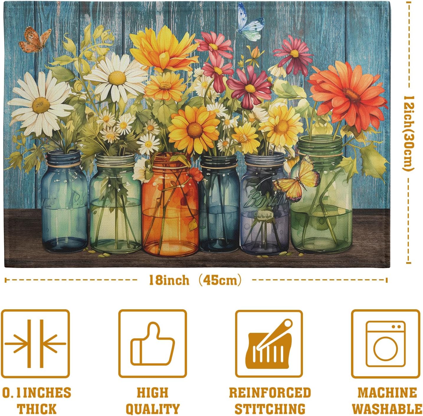 Rustic Daisy Placemats Set of 4 Vintage Flower Vases Wood Grain Linen Table Mats 12x18 Inch Summer Floral Wooden Board Farmhouse Washable Place Mat for Party Kitchen Dining Outdoor Indoor Decor