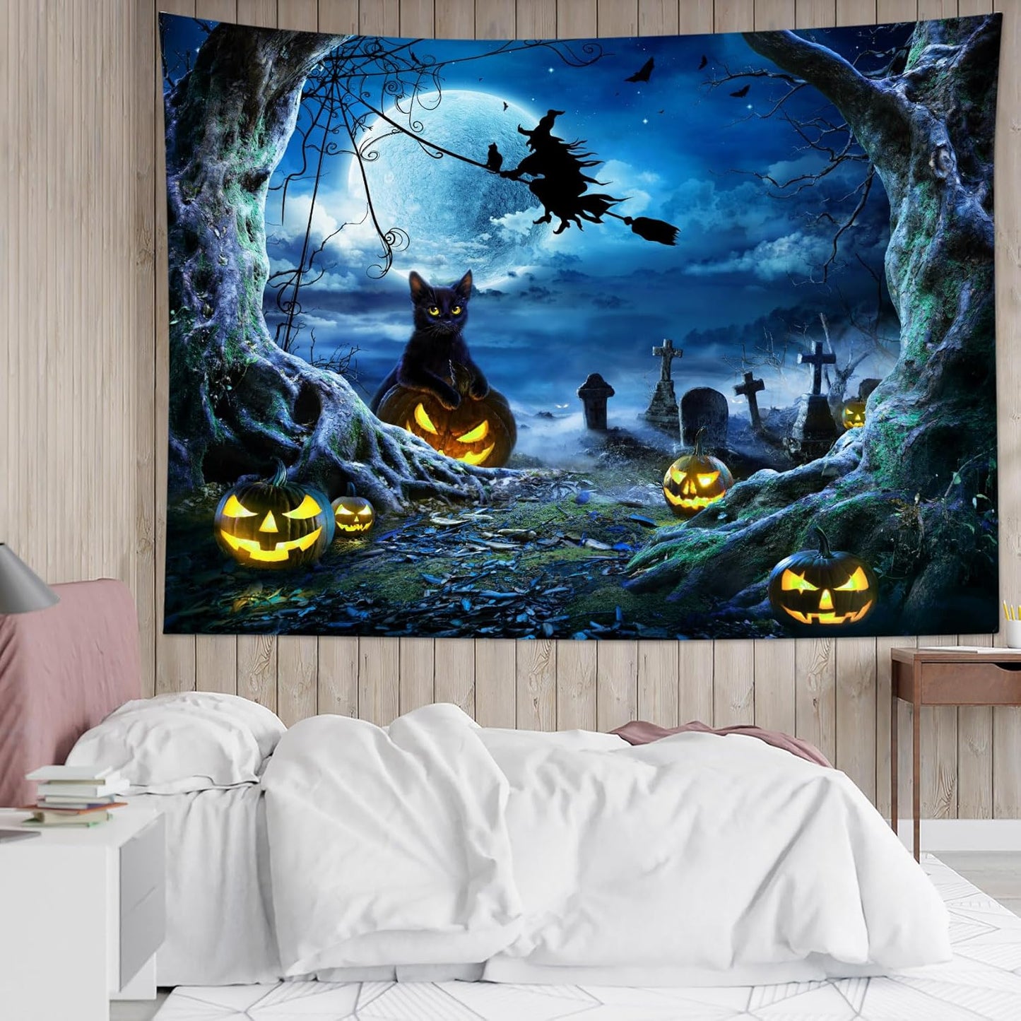 LB Halloween Wall Tapestry 92.5x70.9 Inch - Spooky Graveyard Scene with Witch, Black Cat, Pumpkin, Full Moon & Dead Tree Decor for Bedroom, Living Room, Dorm, Party