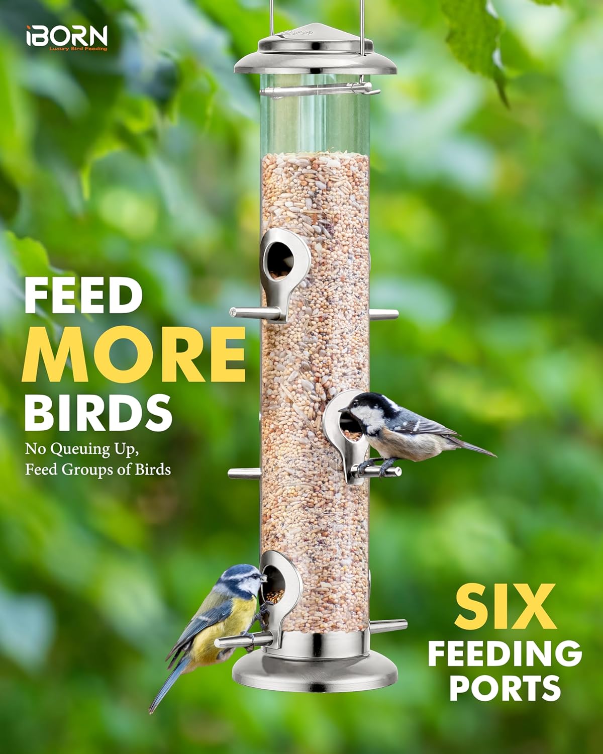 iBorn Metal Bird Feeders 6 Ports Hanging Wild Bird Seed Feeder for Mix Seed Blends, Niger Seed Feeder, Sunflower Heart, Birdbath, Heavy Duty All Metal Nickle Finishing 14 Inch 6Port