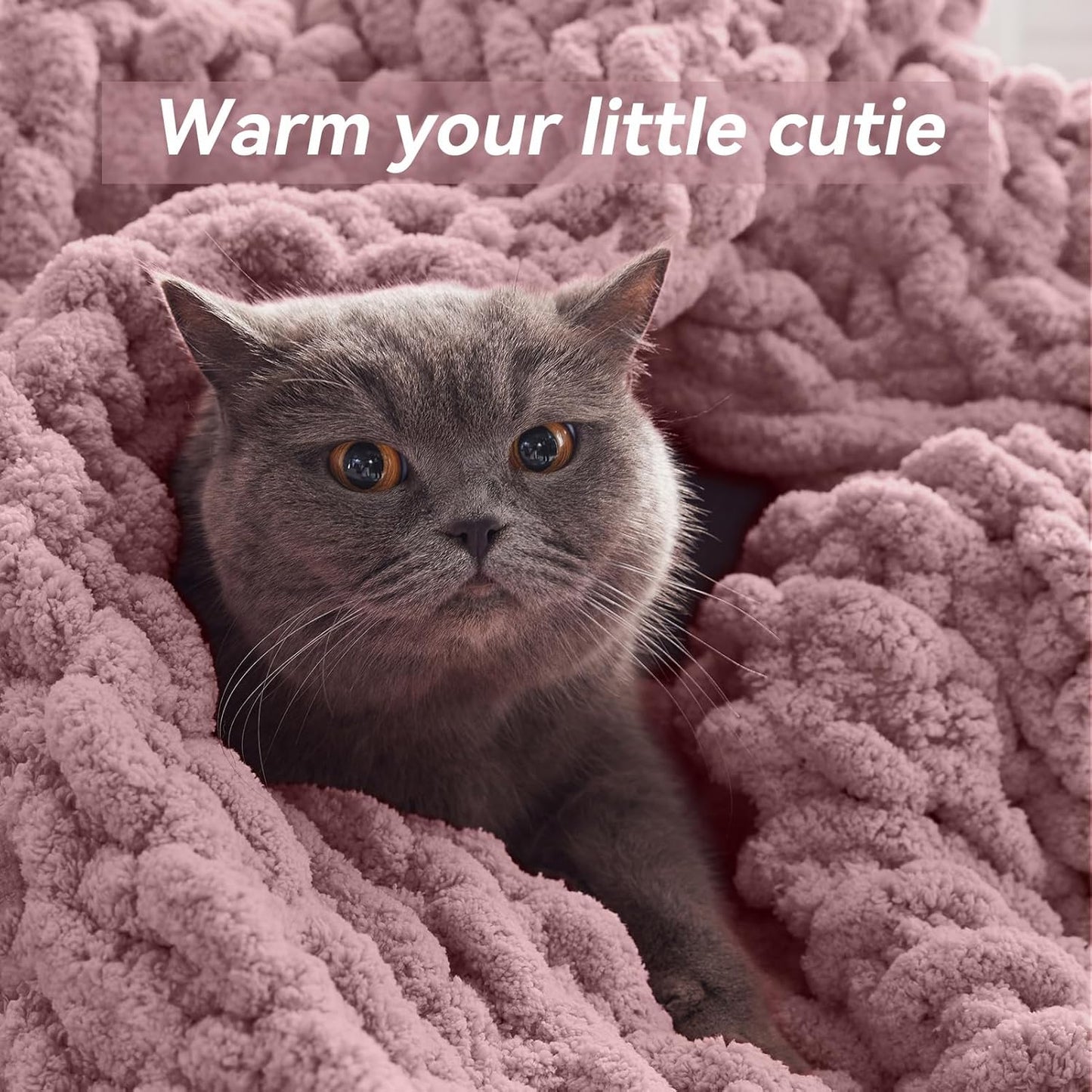 Chunky Knit Throw Blanket, 50''*60'' Knitted Throw Chenille Yarn for Bed Couch, Handmade Muted Pink Crochet Big Thick Blanket, Machine Washable Cute Comfy Blanket for Home Decor