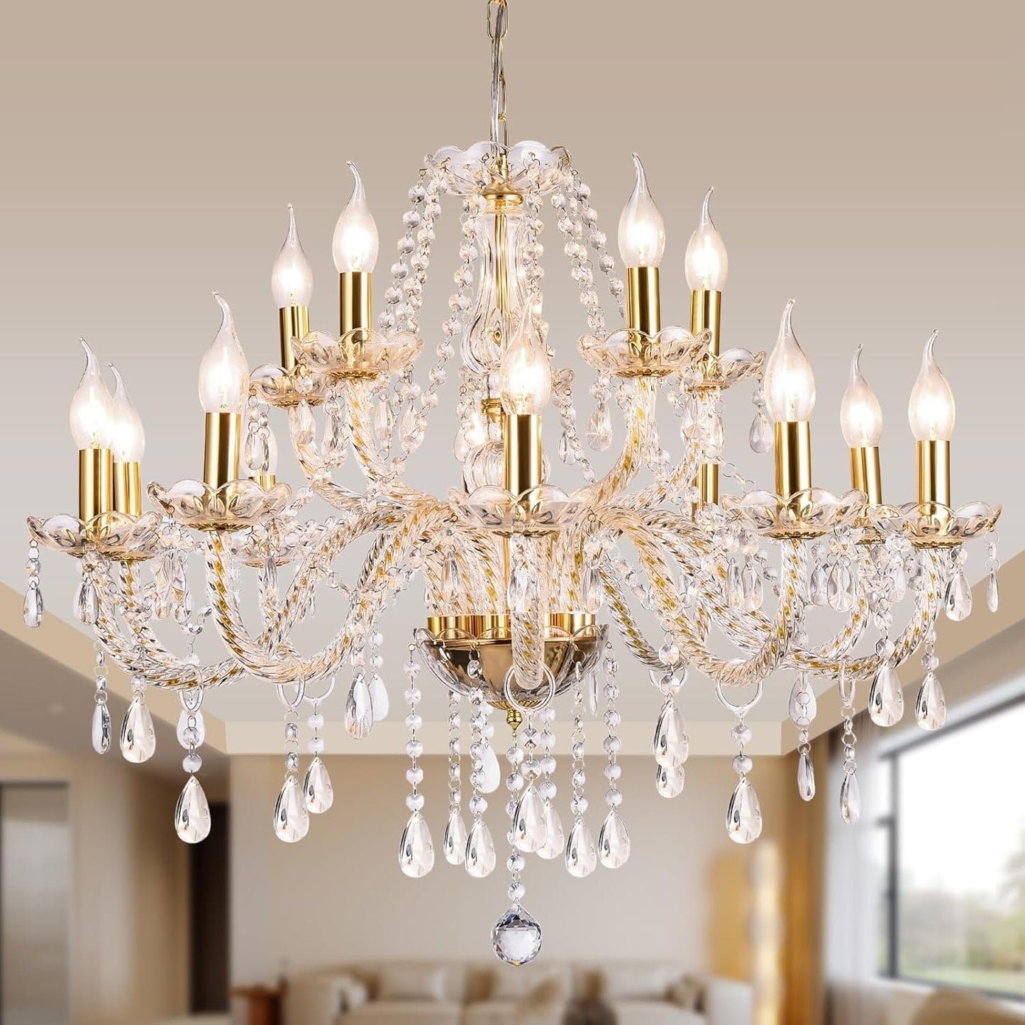 Modern Elegant 15 Lights K9 Crystal Glass Chandelier Golden Pendant Ceiling Lighting European Style for Dining Living Room Bedroom Transparent,15 E12 Bulbs Required