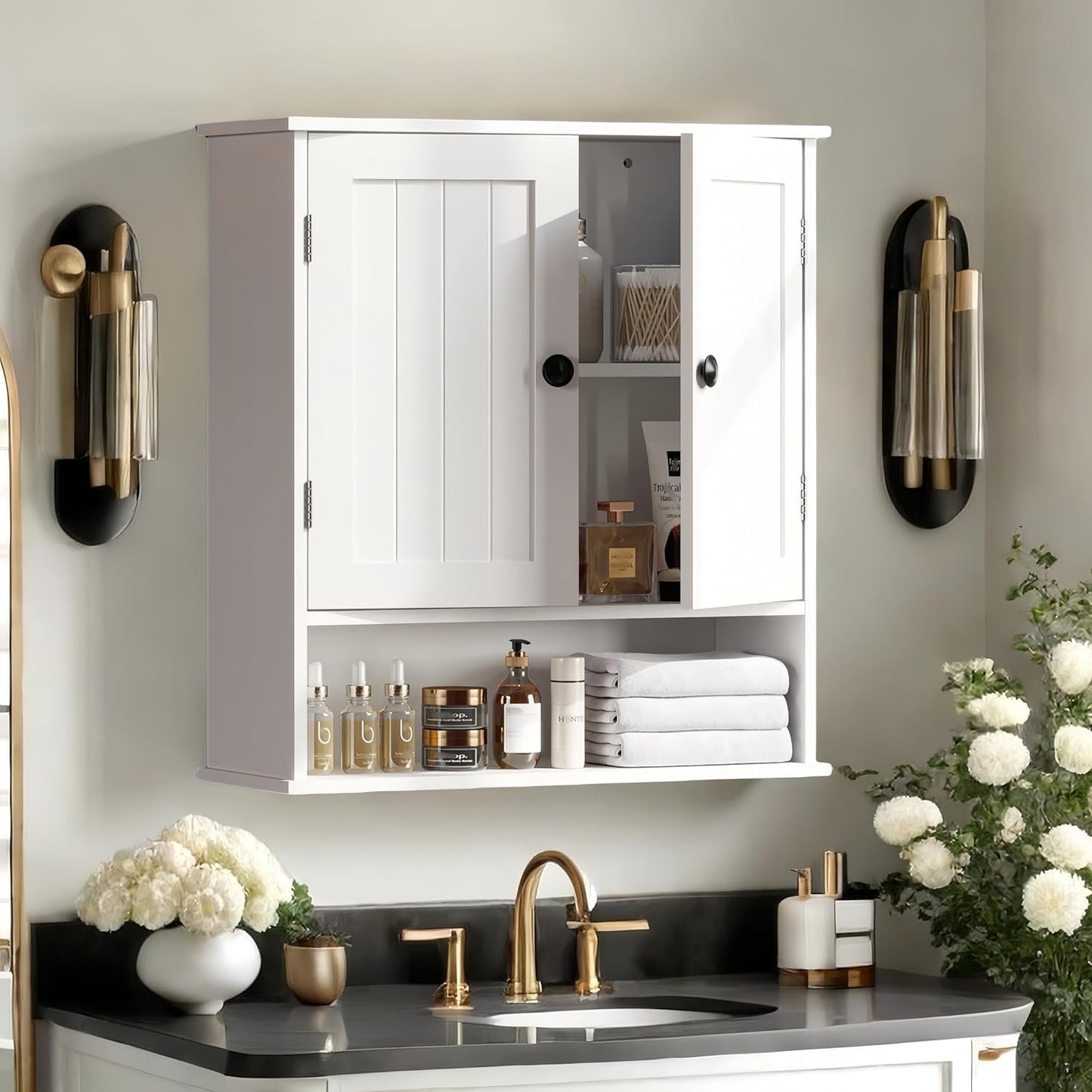 White Bathroom Cabinet Wall-Mounted, Storage Cabinets with Adjustable Shelves, Space-Saving Organizer with 2 Doors for Bathroom, Laundry, Kitchen - Moisture Resistant & Easy Install