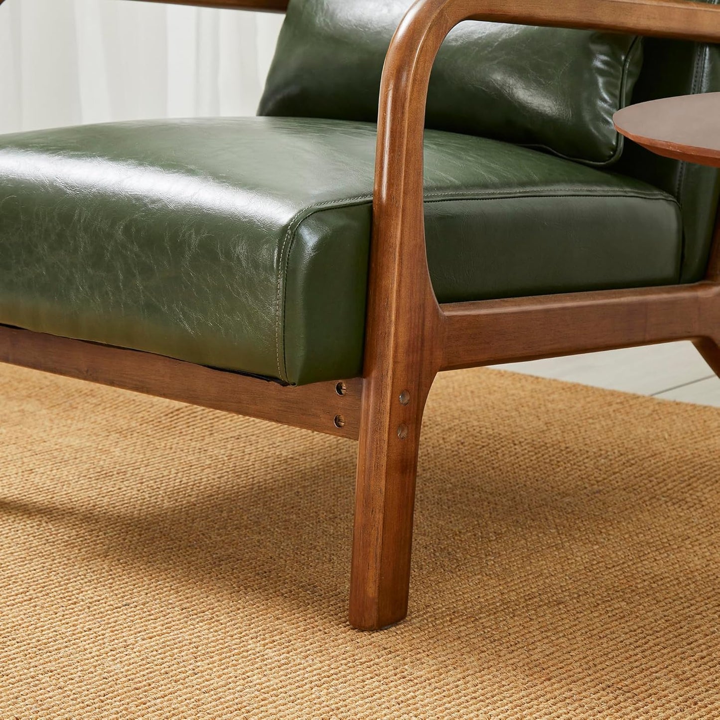 Glitzhome Mid Century Hunter Green Accent Armchair, Single Reading Armchair PU Leather Lounge Chair with Walnut Ruberwood Frame