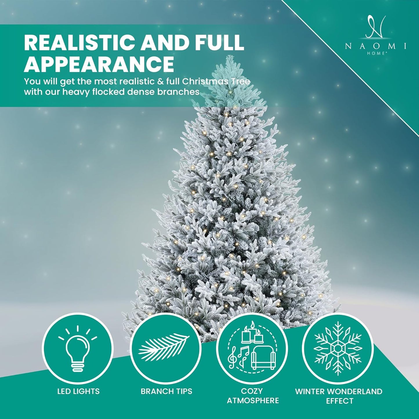 Naomi Home Ginebra 6.5ft Snow Flocked Christmas Tree Prelit with 2456 Branch Tips, 450 Warm Lights and Metal Stand, 52" Wide Realistic Snowy Frosted Christmas Tree with Lights