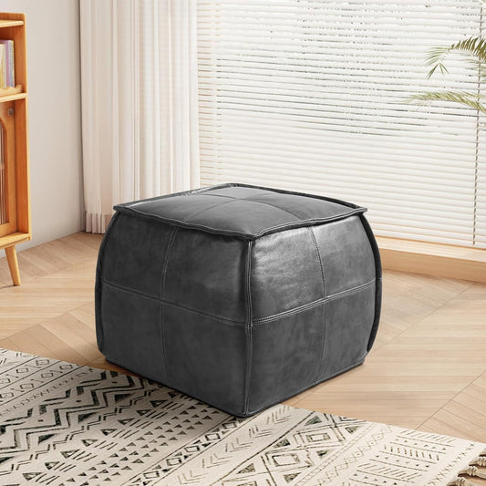 Leather Ottoman,Handmade Stuffed Square Ottoman,Genuine Leather Pouf, Foot Rest Pouf,Comfortable Soft Seating for Living Room & Bedroom (Grey, Square)