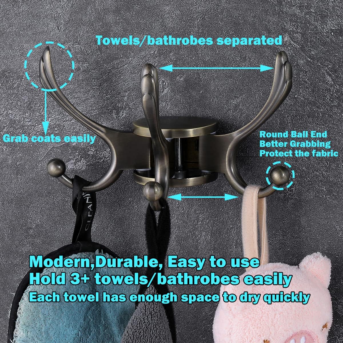 Swivel Coat Hook 2 Pack Heavy Duty Space Saving Towel Rope Hook Wall Mount Triple Swing Arms for RV Bathroom Kitchen Garage,Rustic Bronze