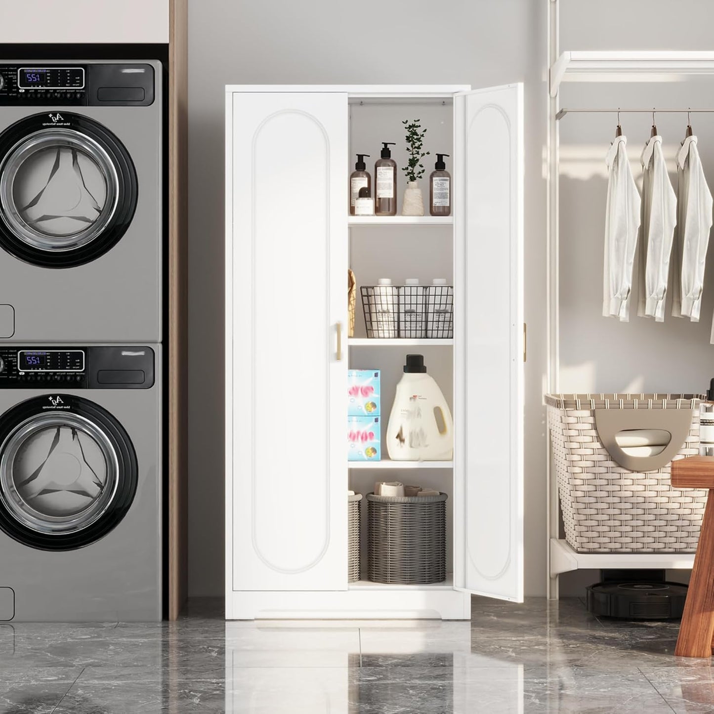 Kitchen Pantry Cabinet,60”Metal White Storage Cabinets with Doors and Shelves,Tall Cabinet with 2 Gold Hands for Dinning Room,Living Room