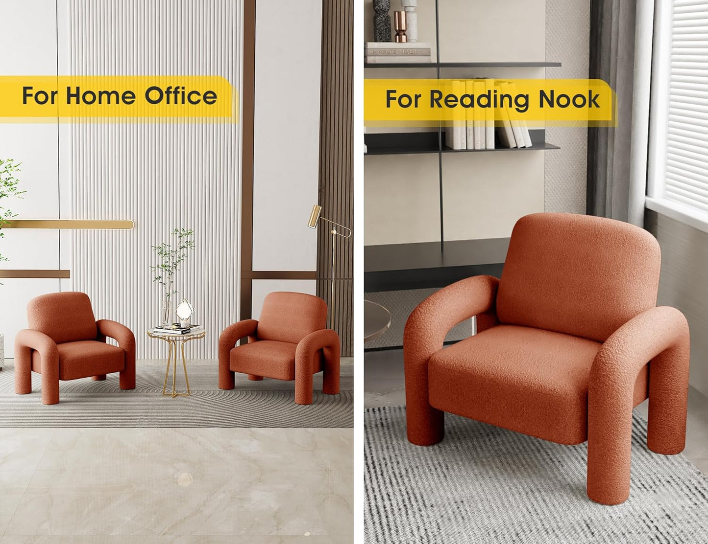 Modern Sherpa Accent Chair, Teddy Upholstered Arm Single Sofa, Cozy Fluffy Reading Chair for Living Room, Bedrooms, Corner (Orange)