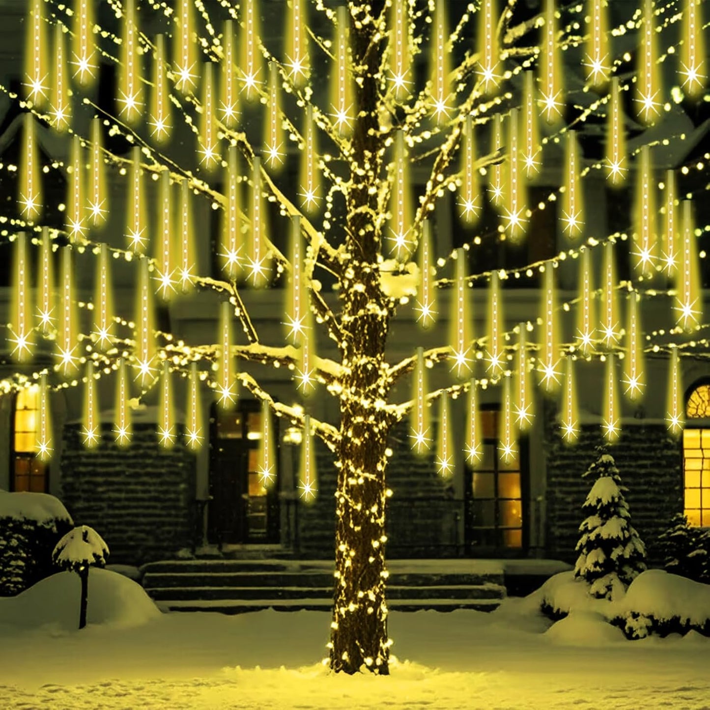 Outdoor Meteor Shower Christmas Lights 24-Tube 576LEDs Shooting Star Waterfall Meteor Shower Falling Rain Light for Christmas Tree Decorations Wedding Party Holiday Garden, UL Plug Warm White