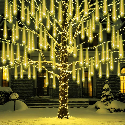 Outdoor Meteor Shower Christmas Lights 24-Tube 576LEDs Shooting Star Waterfall Meteor Shower Falling Rain Light for Christmas Tree Decorations Wedding Party Holiday Garden, UL Plug Warm White
