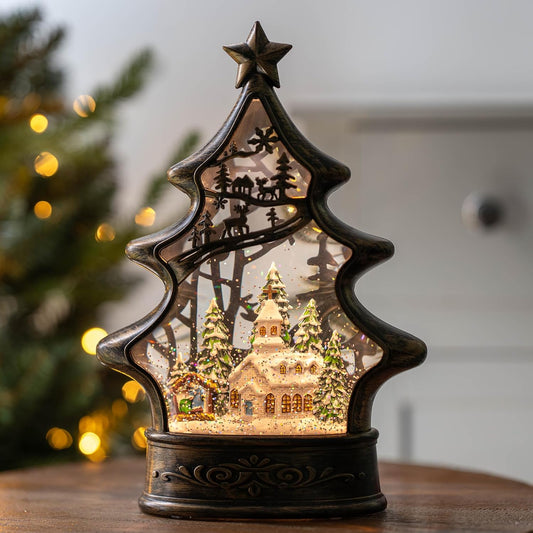 Christmas Snow Globe Lantern Water Glittering Church & Manger Scene with Music & Timer, USB Lined/Battery Operated Lighted Lantern for Christmas Festival Decoration Gifts