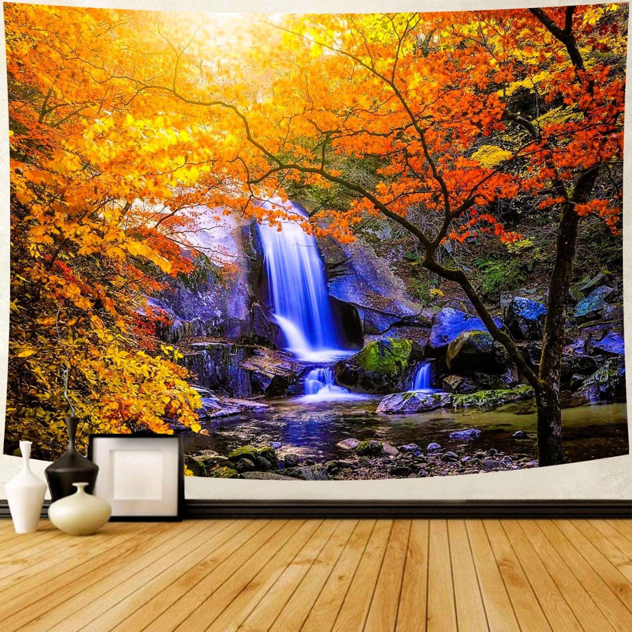 Delur Waterfall Tapestry Forest Nature Scenic Tree Mountain Sunset Tapestry Wall Hanging Natural Landscape Sunrise Headboard for Bedroom Living Room Home Decor (59.1" x 78.7")