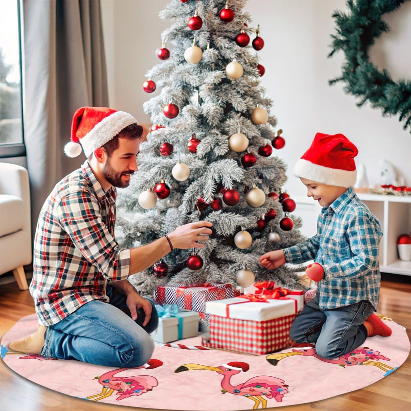 36" Large Christmas Tree Skirt, Christmas Decorated Flamingo Pattern Tree Mat Base Cover for Xmas Festive Holiday Party Decoration Ornaments