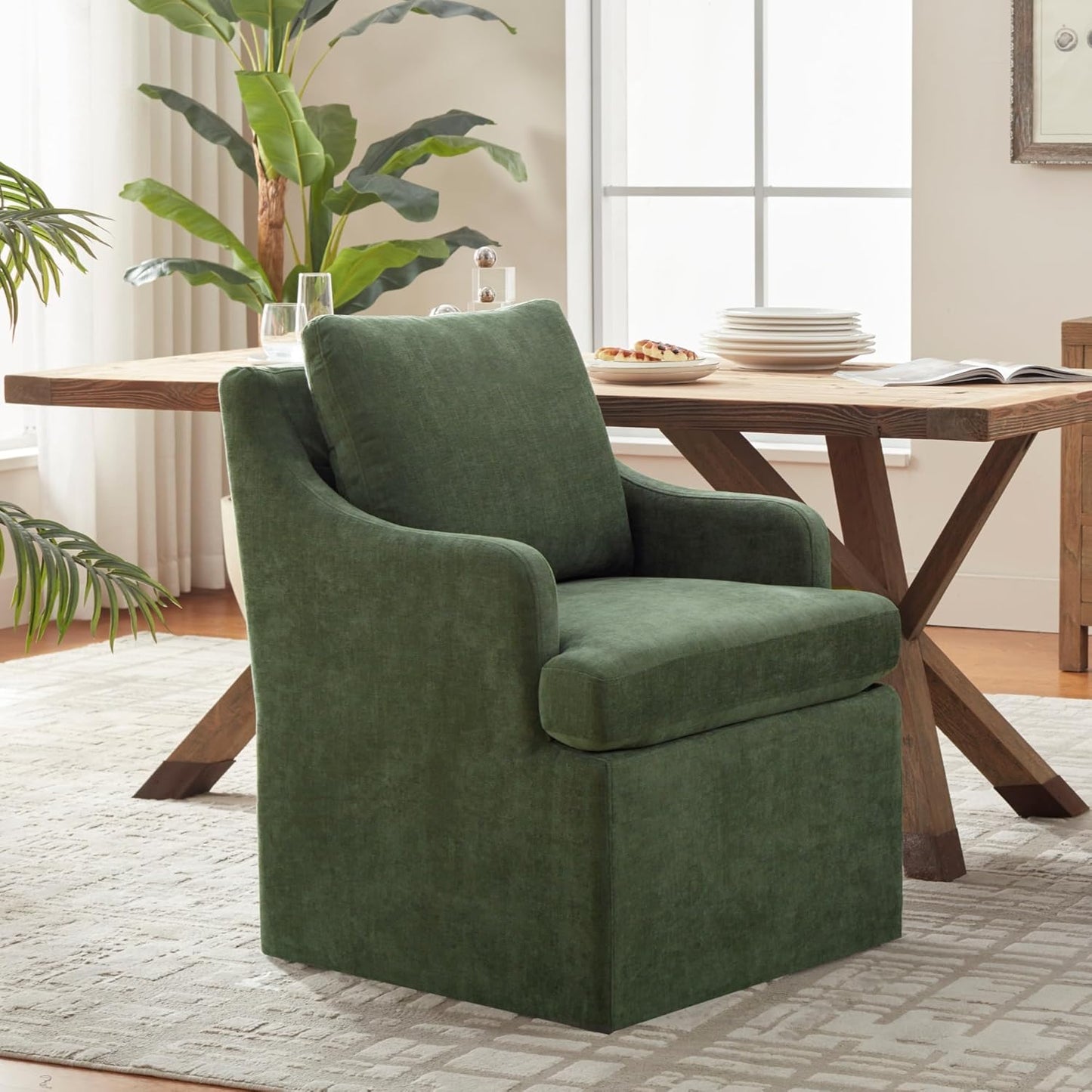 VKNOW Upholstered Dining Chairs, Modern Kitchen Chairs Dinner Chairs with 4 Casters, Linen Armchair for Bedroom Reading Room Living Room, Green