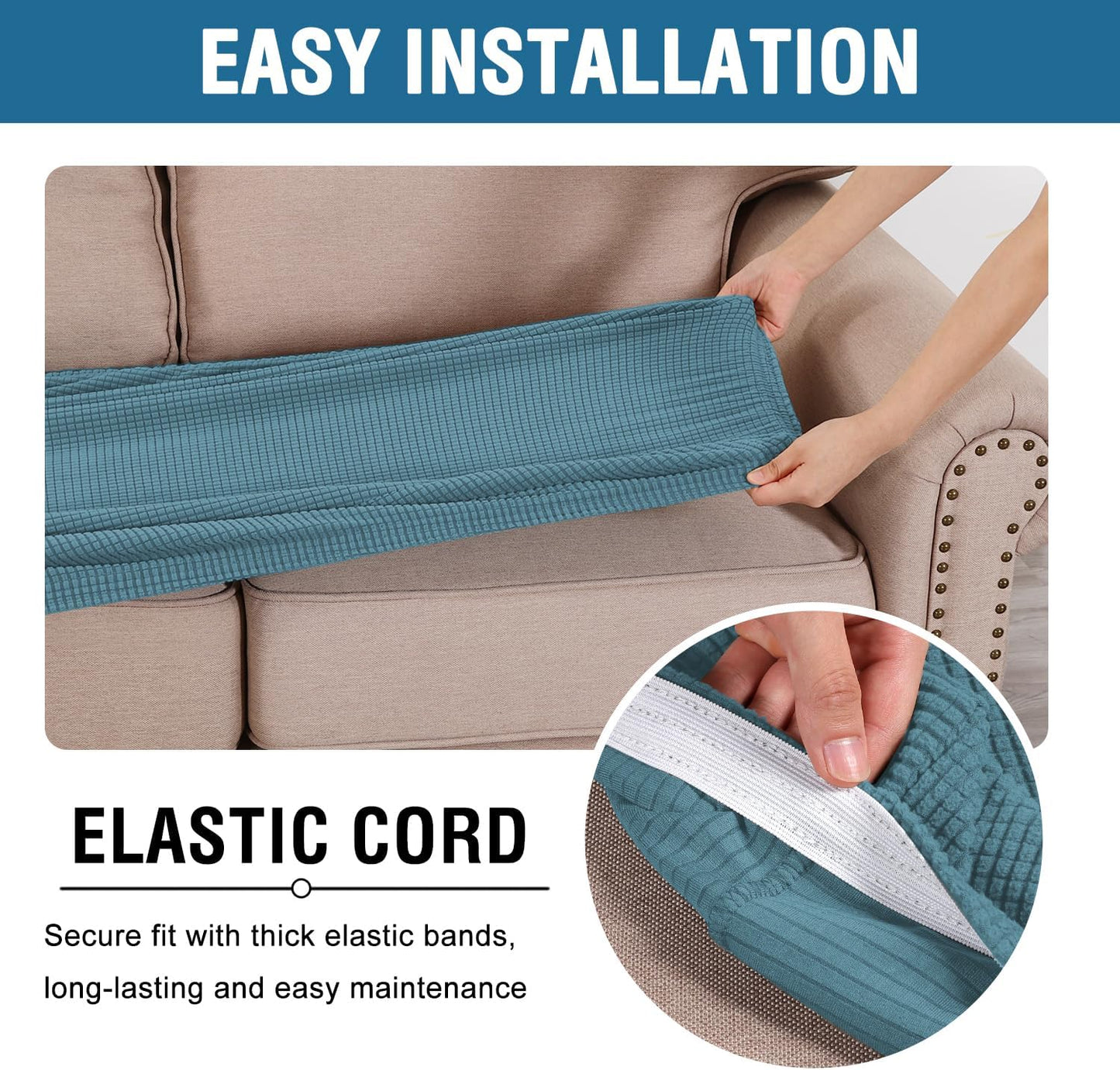 H.VERSAILTEX Super Stretch Individual Seat Cushion Covers Sofa Covers Couch Cushion Covers Slipcover Sets Thick Jacquard Textured Twill Fabric (1 Piece Loveseat Cushion Cover, Storm Blue)