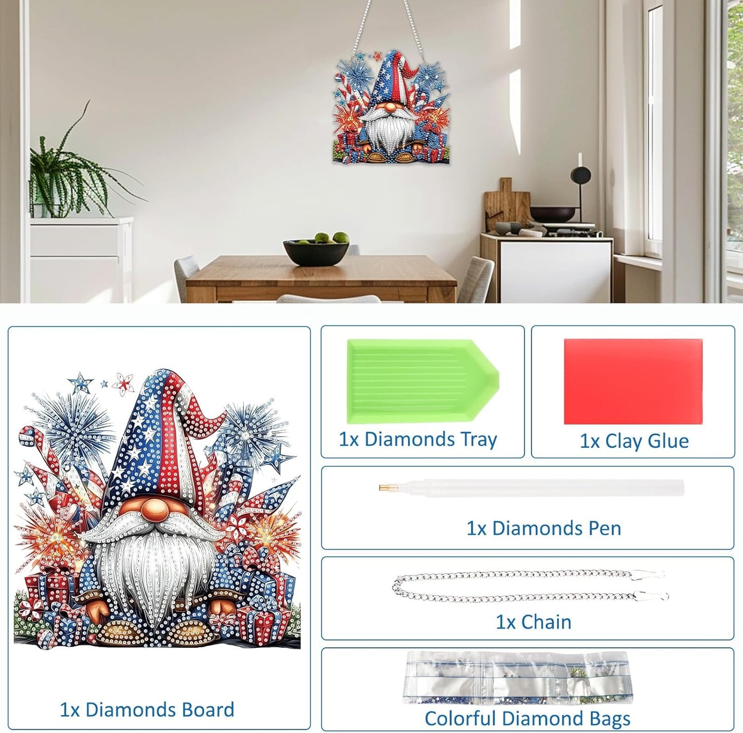 SENQAO Gnome Diamond Art Hanging Kit for Adult, Special Shaped Rhinestone, Double Sided DIY Acrylic Diamond Art Painting Window Pendants Home Garden Wall Hanging Kits Hanging Ornament(4Th of July)