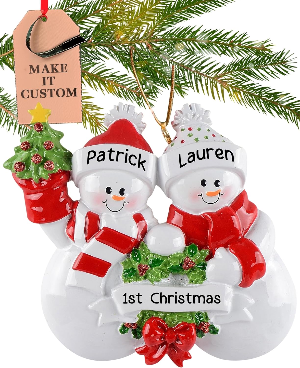 Personalized Couple Ornament 2025 | Free 24h Customization | Laser Engraved Snowman Christmas Ornaments for Tree | Custom Gift Wrapped Family of 2 Festive Holiday Keepsake for Two Persons