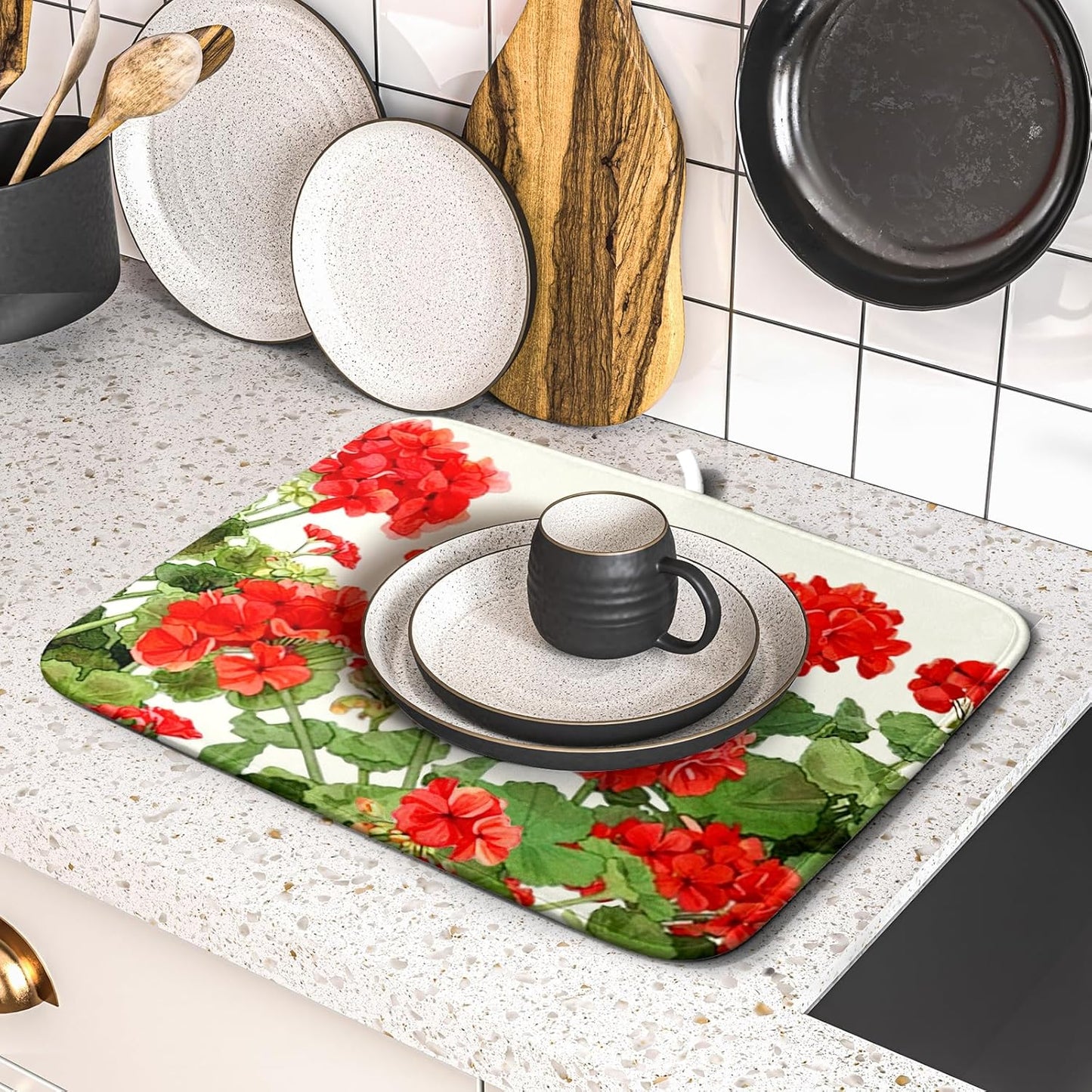 Spring Dish Drying Mat for Kitchen Counter Geranium Summer Floral Seasonal Absorbent Reversible Microfiber Kitchen Countertop Protector Dishes Pad Small 16x18 inch