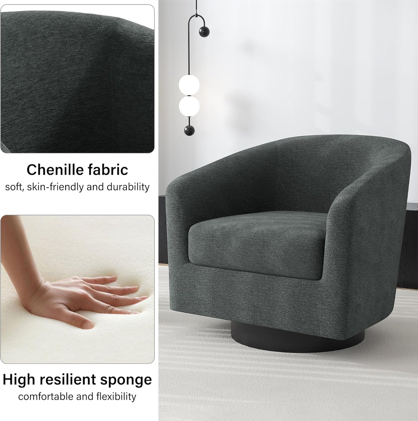 Swivel Barrel Accent Chair, Modern Round Chenille Fabric Arm Chair for Living Room, Bedroom, Comfy Club Reading Chairs for Adults（Chenille Fabric, Grey, Set of 4