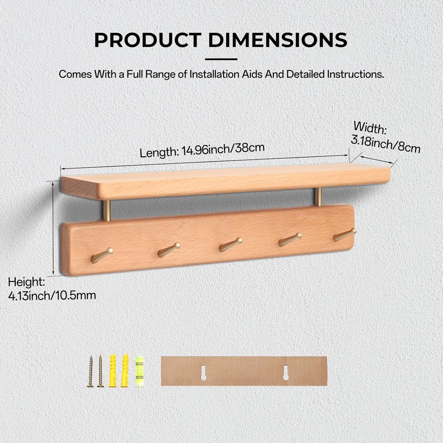 Shelf with Hooks, Solid Wood Bedroom Shelves for Wall, Wooden Coat Rack Wall Mount for Bathroom, Kitchen, Door Entryway (Beech, 38cm/14.96inch)