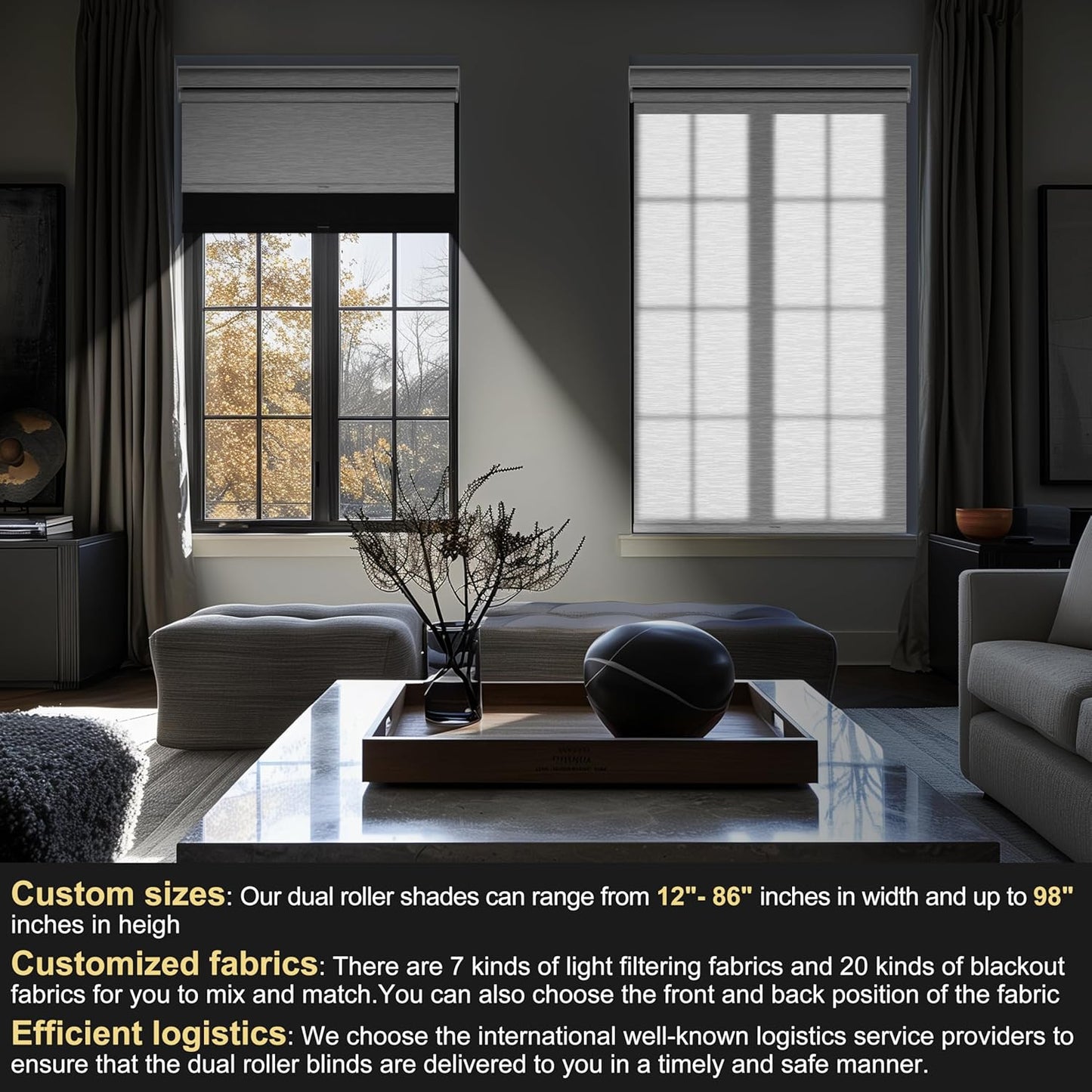 BERISSA Dual Roller Shades with Cassette Valance, Double Blackout and Light Filtering Shades, Day and Night for Home Office Door. Linen Black and White. 30 W x 86" H