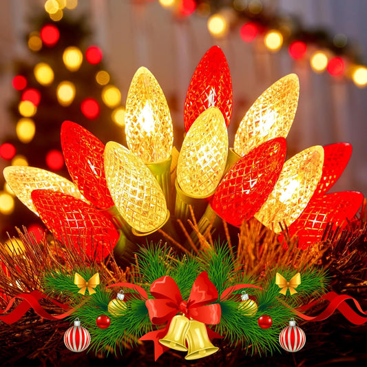 Outdoor Christmas Lights, 100 Ft C9 LED Commercial String Lights with Red and Warm White Strawberry C9 Bulbs, Waterproof Connectable UL Certified C9 Lights for Indoor Yard Xmas Tree House Decor