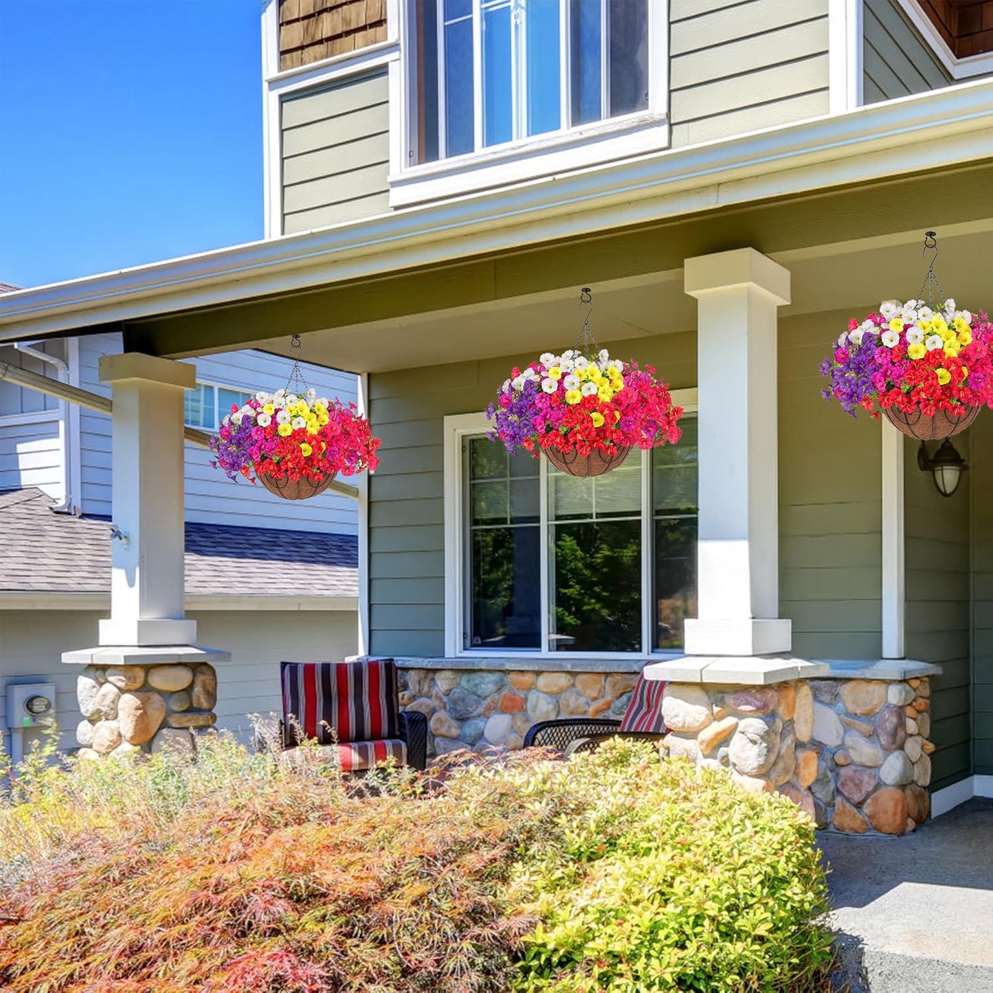 Artificial Faux Hanging Flowers Plants Basket for Outdoors, Silk Morning Glory with Eucalyptus in Planter Look Real UV Resistant Fake Flowers for Porch Outside Patio Balcony Yard Indoor Summer Decor