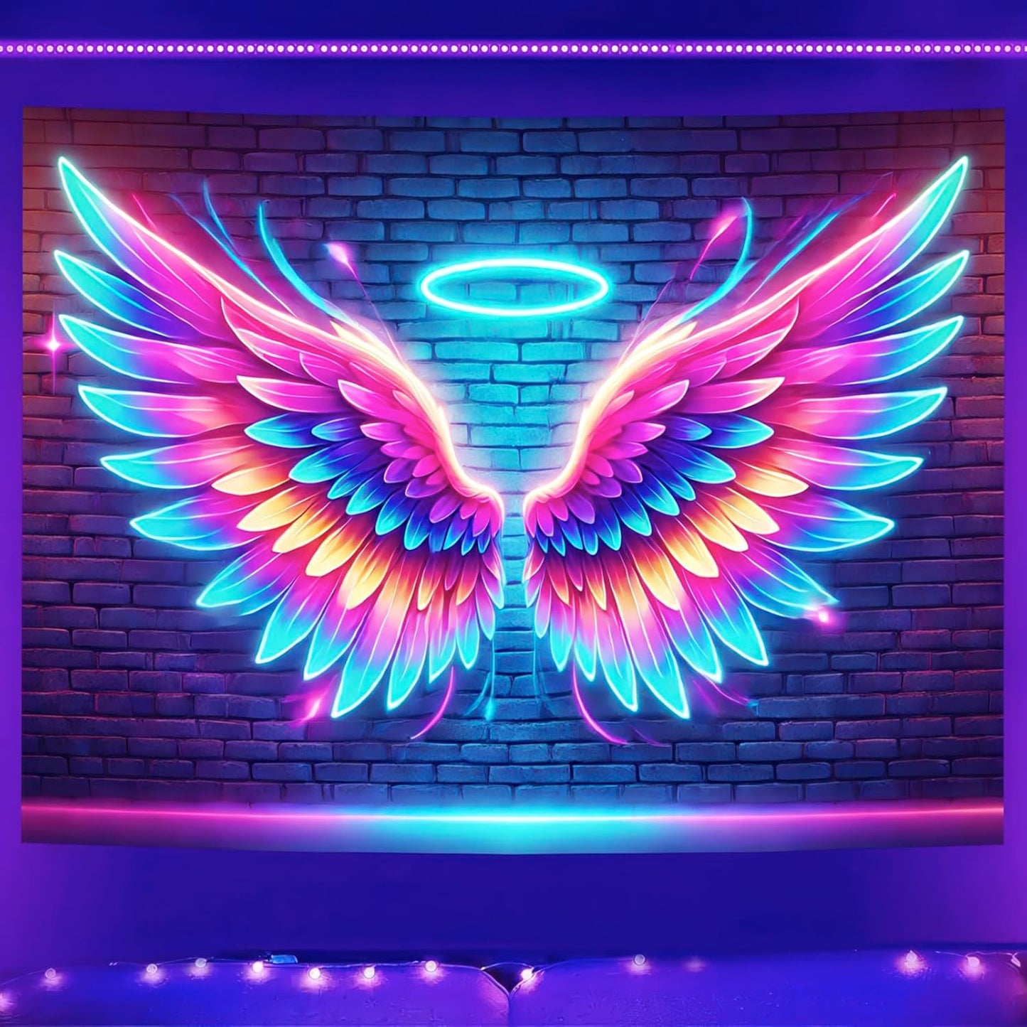 BlissYard Blacklight Angel Wings Tapestry UV Reactive Neon Wings Wall Hanging Tapestries Pink Angel Wings Tapestries for Girls Teens Glow in the Dark Tapestry for Party Carnival Backdrop 59 X 78 in
