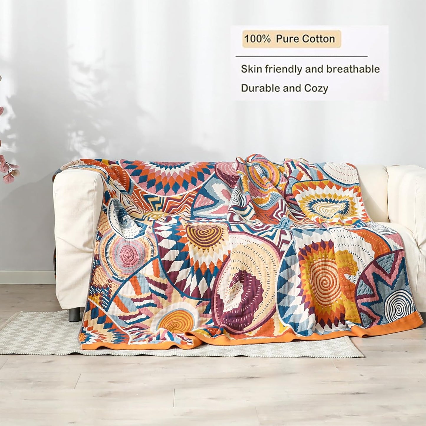 Boho Throw Blanket, 100% Organic Muslin Cotton Breathable Ultra Soft Bed Quilt Throw - All Season Floral Bird Butterfly Farmhouse Decor Blanket for Sofa Couch Chair and Gift. 50" x 60"