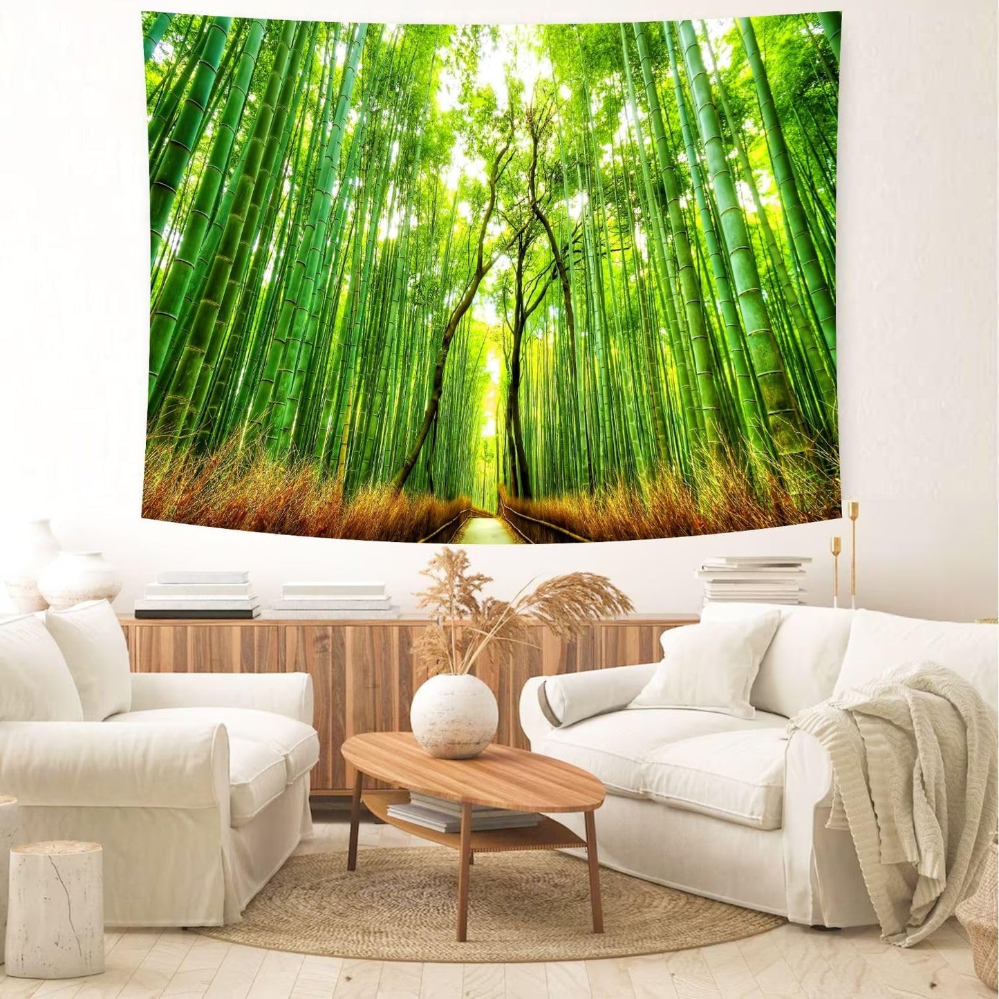 Delur Forest Pathway Tapestry Sunset Tropical Rainforest Nature Tree Tapestry Wall Hanging Sunrise Scenic Natural Green Landscape Headboard for Bedroom Living Room Home Decor (70.8" x 92.5")