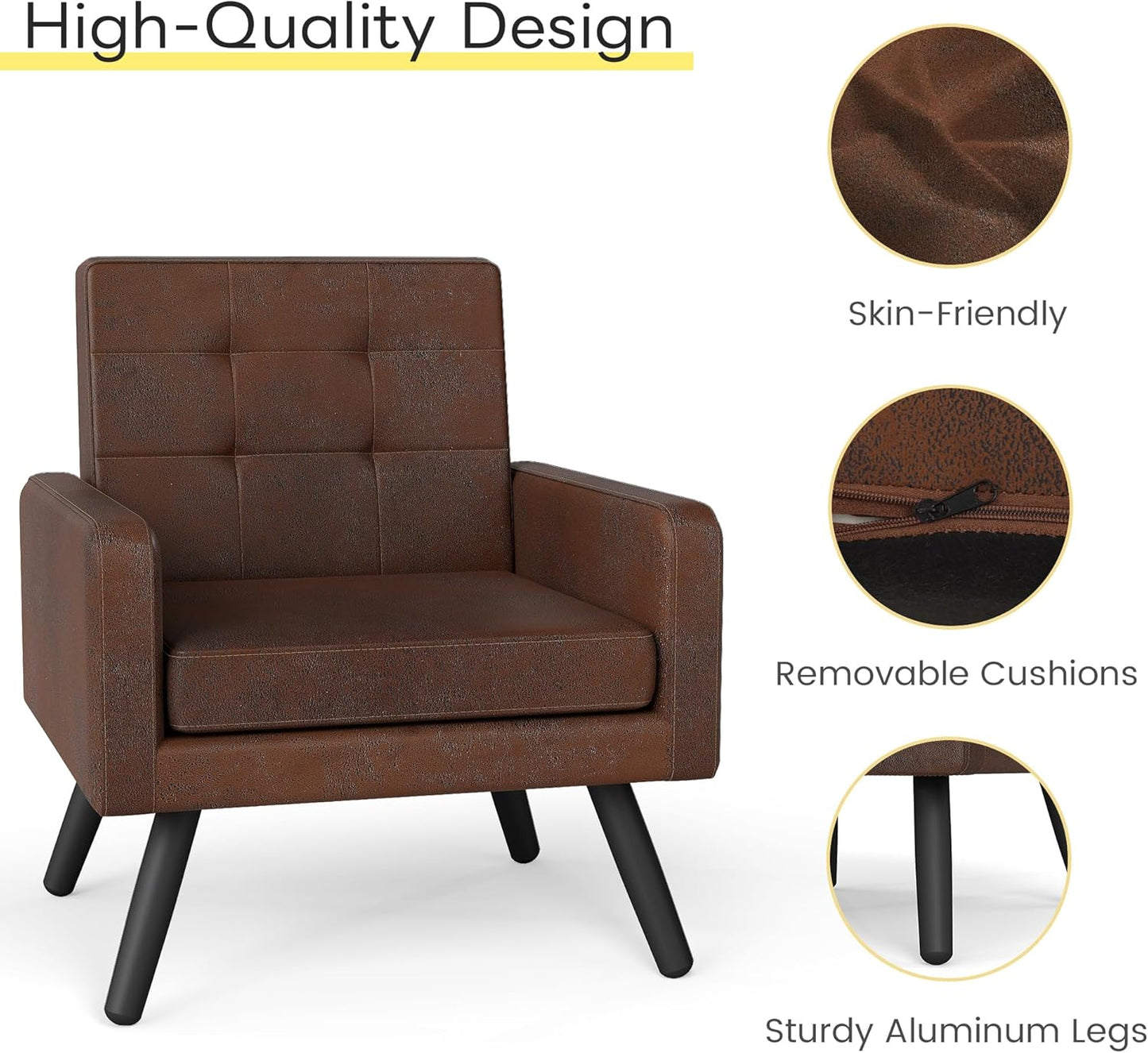 Kromax Mid-Century Modern Accent Chair for Living Room, 496 Lb. Weight Capacity, Dual Armrests, Comfy Extra Large Seat, Timeless Style Perfect for Reading & Relaxing, Bronze