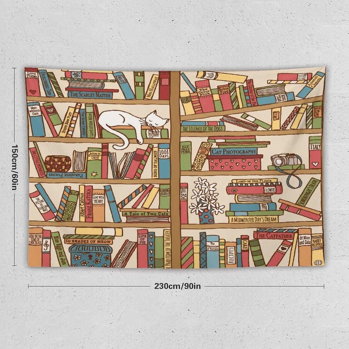 Kurtect Bookshelf Tapestry,Cute Cartoon Cat Sleeping Library Theme Pattern Print Tapestries for Party Beach Picnic Blankets Tablecloths Living Room Wall Deocr, 60x90 in