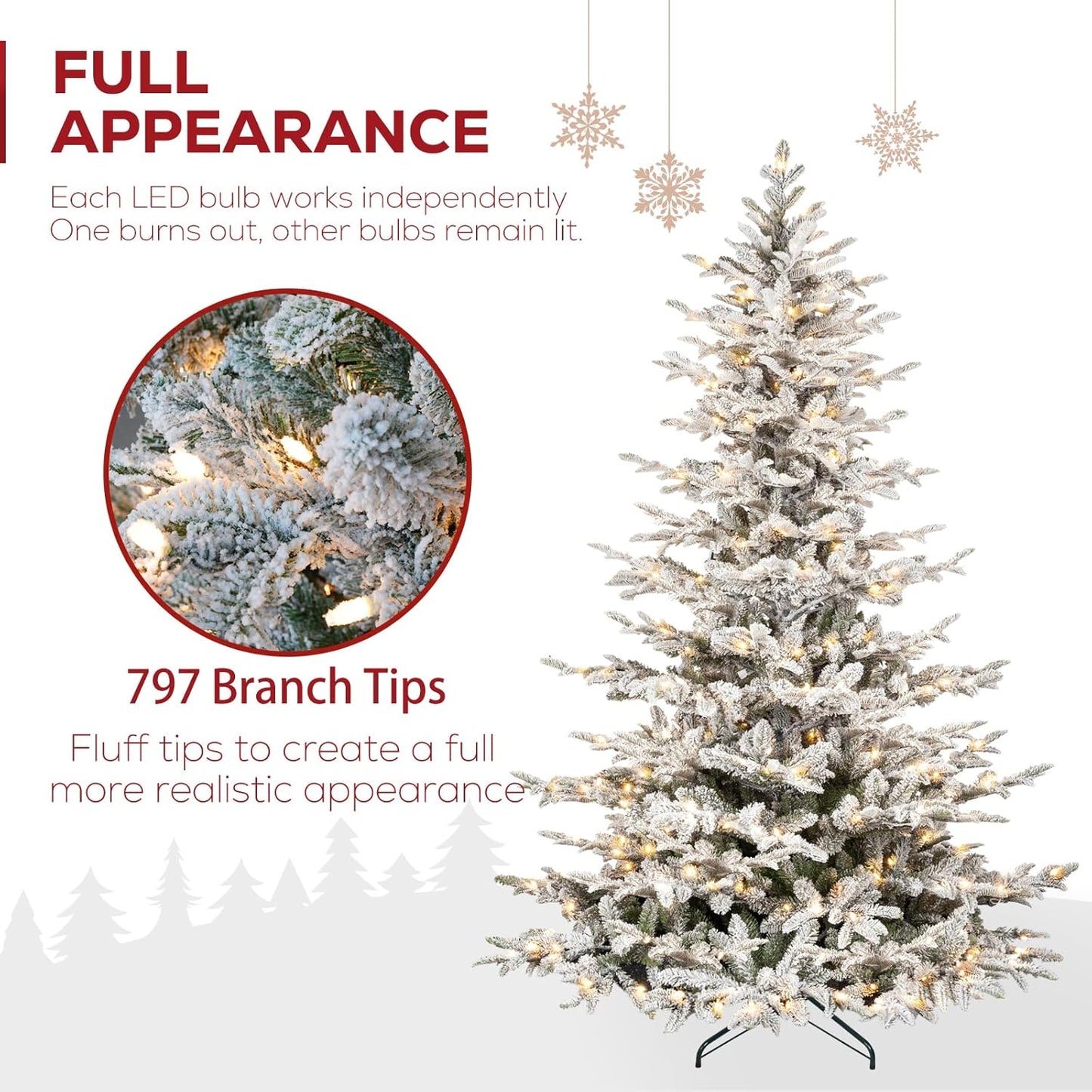 Hykolity 6 ft Snow Flocked Christmas Tree, Prelit Artificial Christmas Tree with 330 Warm White Lights, 797 PE&PVC Branch Tips, Metal Stand and Hinged Branches