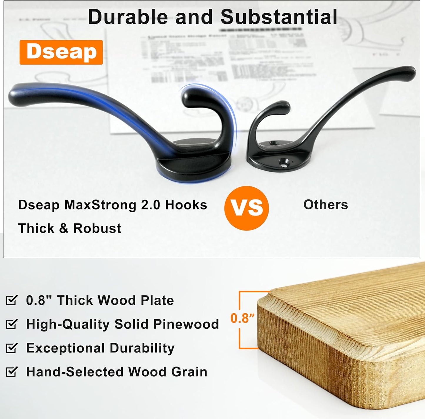 Dseap Coat Rack Wall: Patented, Heavy-Duty, 5-Double-Hooks Wooden Wall Mounted Coat Rack Coat Hanger Hook Rail for Winter Coats Hat Jacket Clothing, Weathered Blue