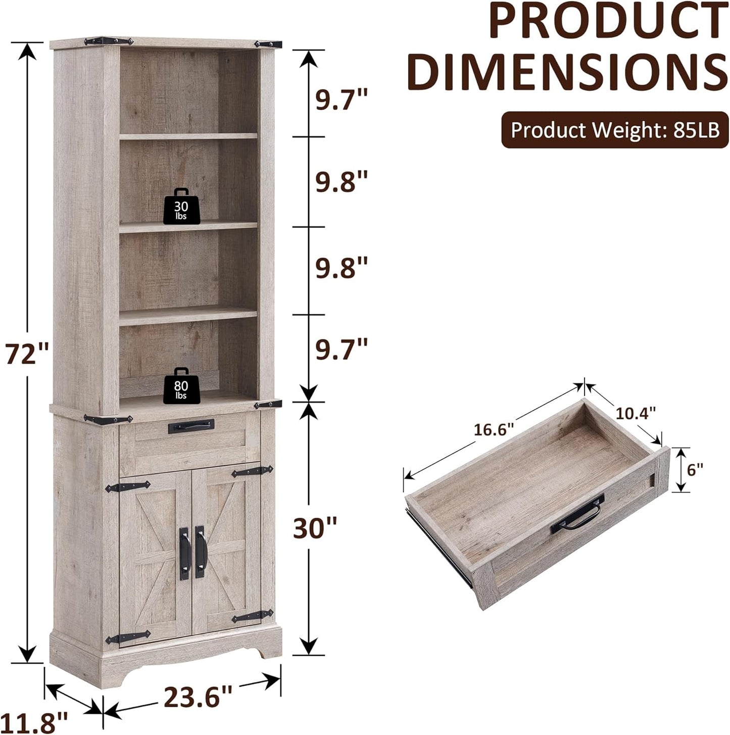 OKD 72'' Tall Bookshelf with Storage, Farmhouse 4 Tier Bookcase w/Barn Door, Adjustable Shelves and Drawers, Rustic Wooden Office Bookshelves for Home Bedroom, Living Room, Library (Light Rustic Oak)