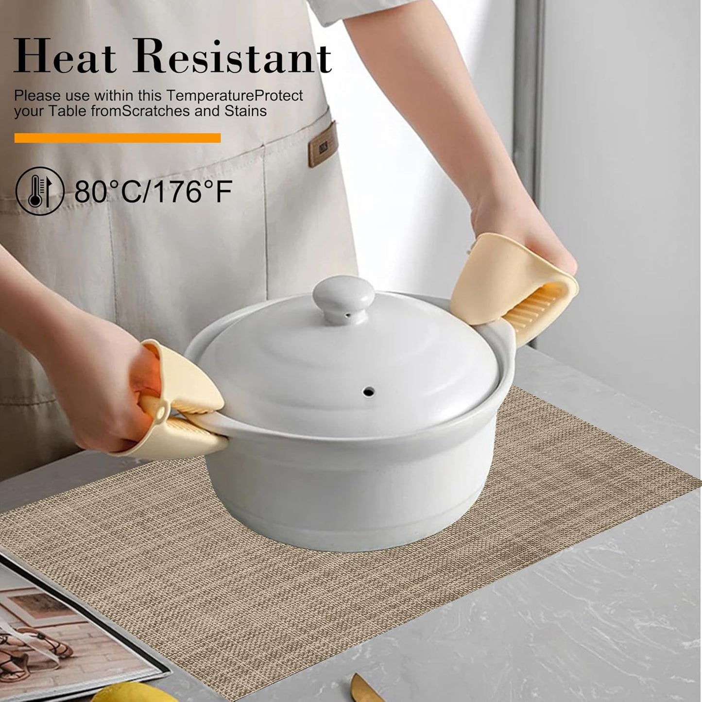 Placemats Set of 6 Washable Indoor/Outdoor Vinyl Place Mats for Dining Table Durable Non-Slip Heat Resistant PVC Weave Table Mats（Khaki）