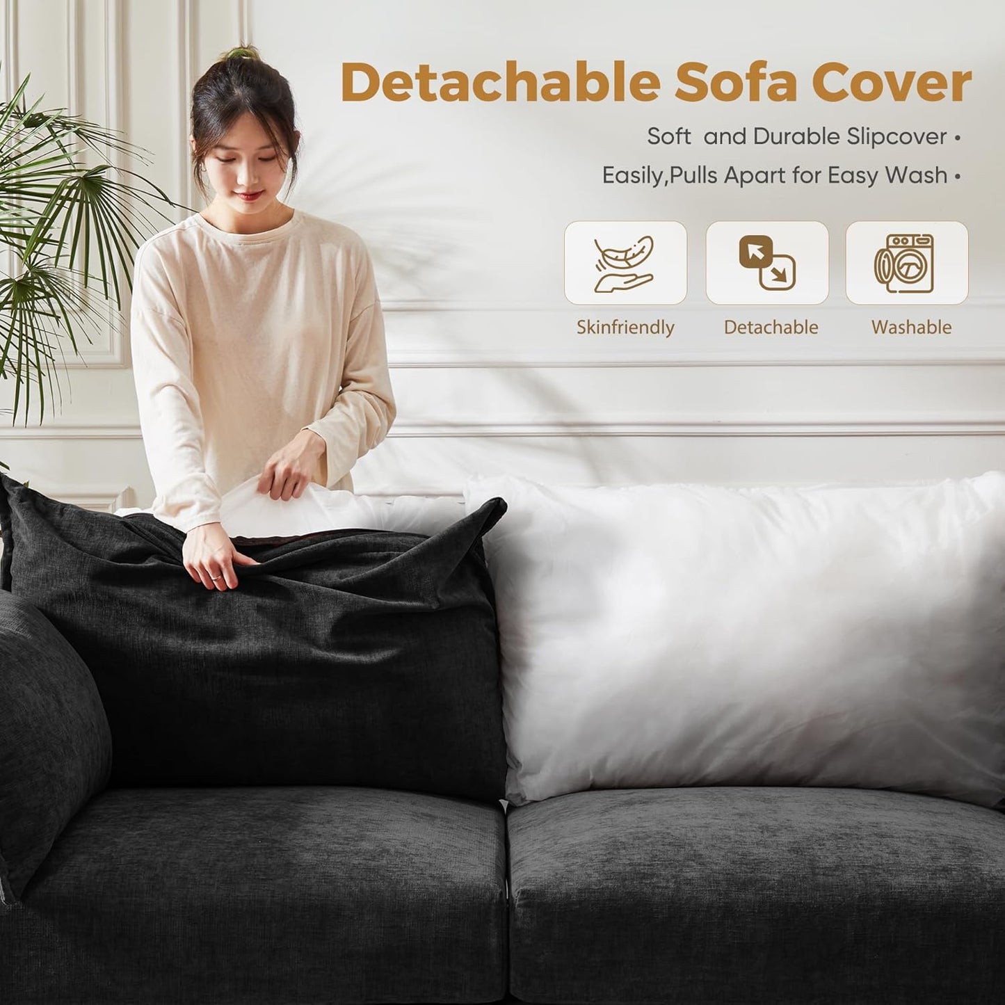 136.4" Oversized Modular Sectional Sofa, L Shaped Convertible Couch with Movable Ottoman, Large 7 Seat Corner Couches for Living Room Deep Seat Black Chenille