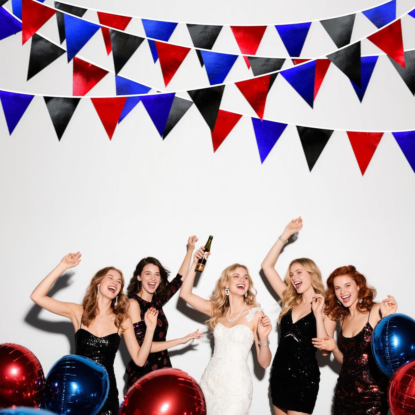 Navy Blue Red Black Party Decorations Metallic Fabric Triangle Pennant Banner Flag Bunting Garland for Graduations Birthday Retirement 4th of July USA Patriotic Veterans Party Decorations Supplies