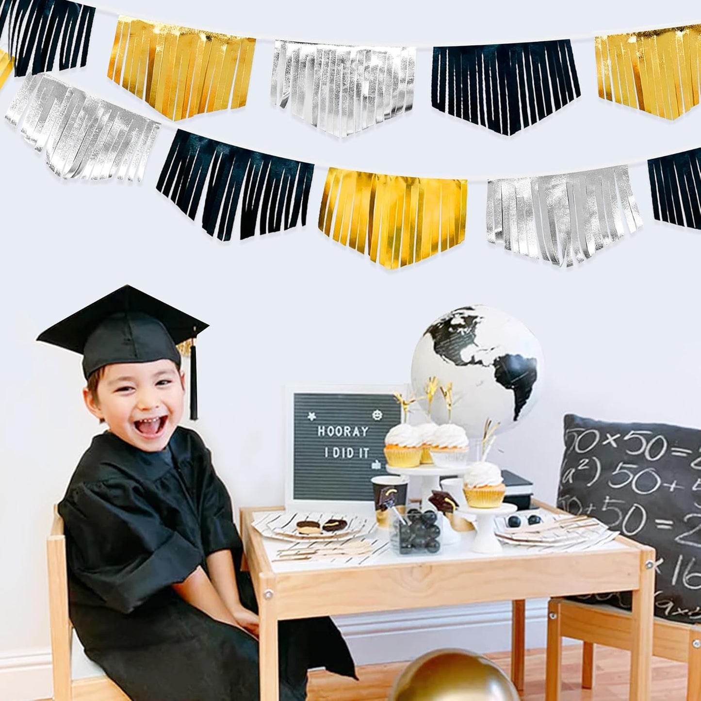 Black Silver Gold Tassel Banner Double Sided Metallic Fabric Pennant Bunting Flag Garland for Graduation Birthday Anniversary Bachelorette Engagement Wedding Bridal Shower Party Decorations Supplies
