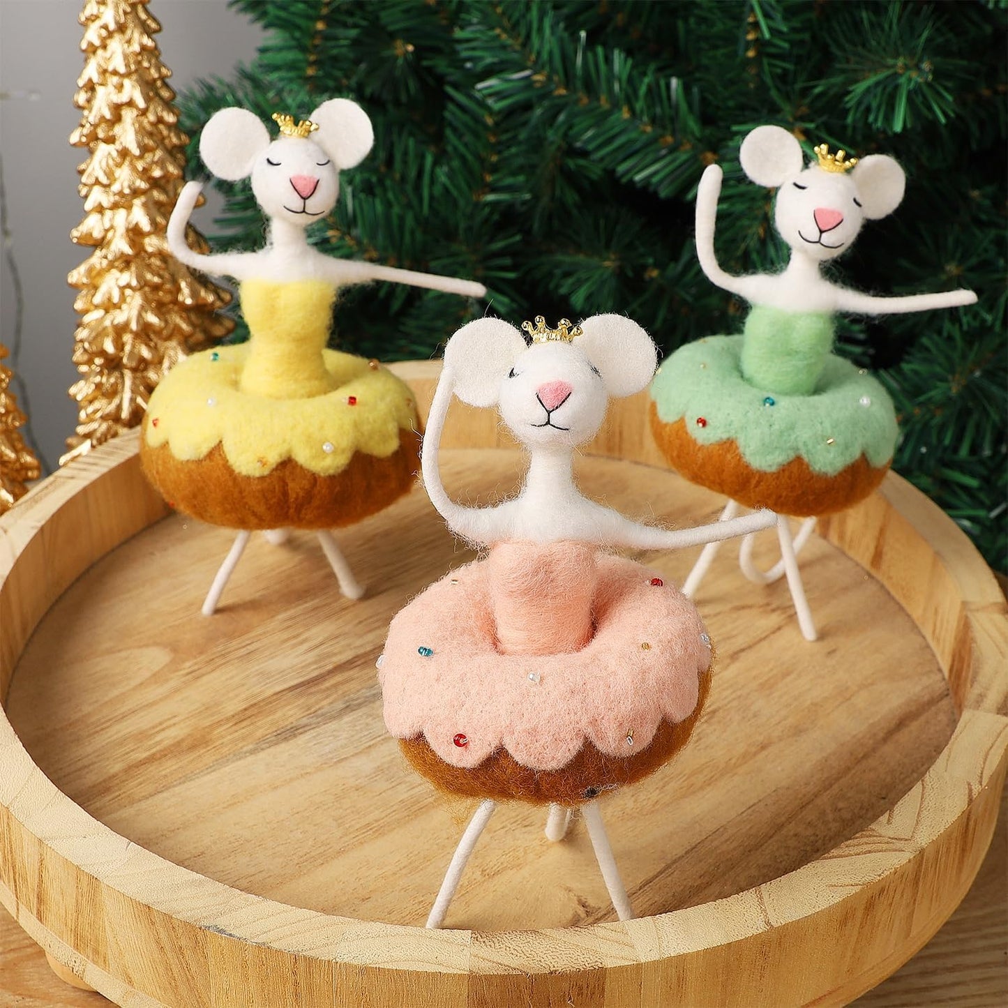 Set of 3 Christmas Felt Dancing Mice Ornaments, 6.7" Tall Hanging Wool Mouse Figurines with Donut Tutu Skirt, Tiered Tray Tabletop Decor, Xmas Tree Holiday Easter Gifts Home Office Party Supply