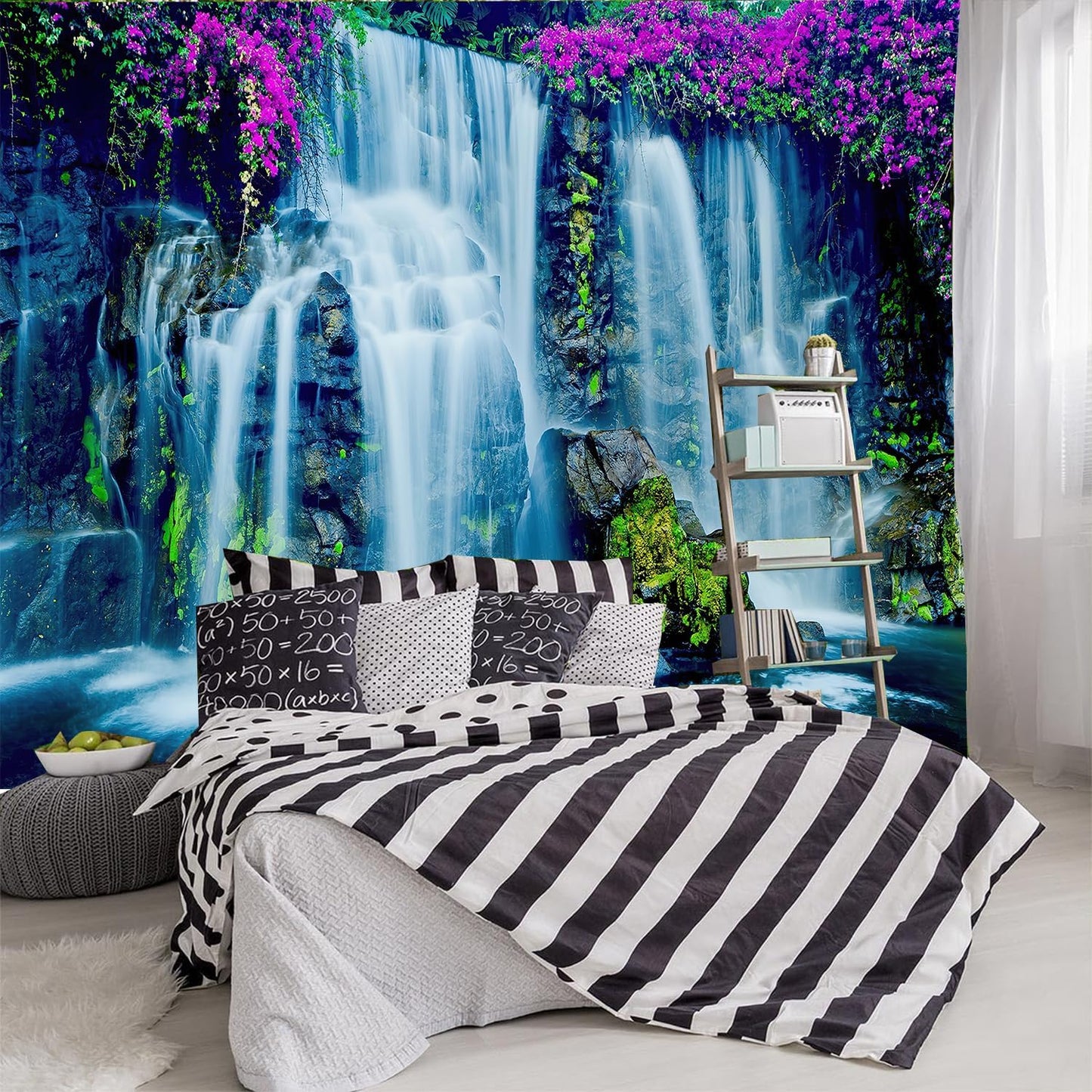 FENDROM Waterfall Tapestry Purple Forest Wild Flowers Floral Mountain Jungle Plants Nature Landscape Wall Hanging Bedroom Living Room Hanging Decorative Blanket