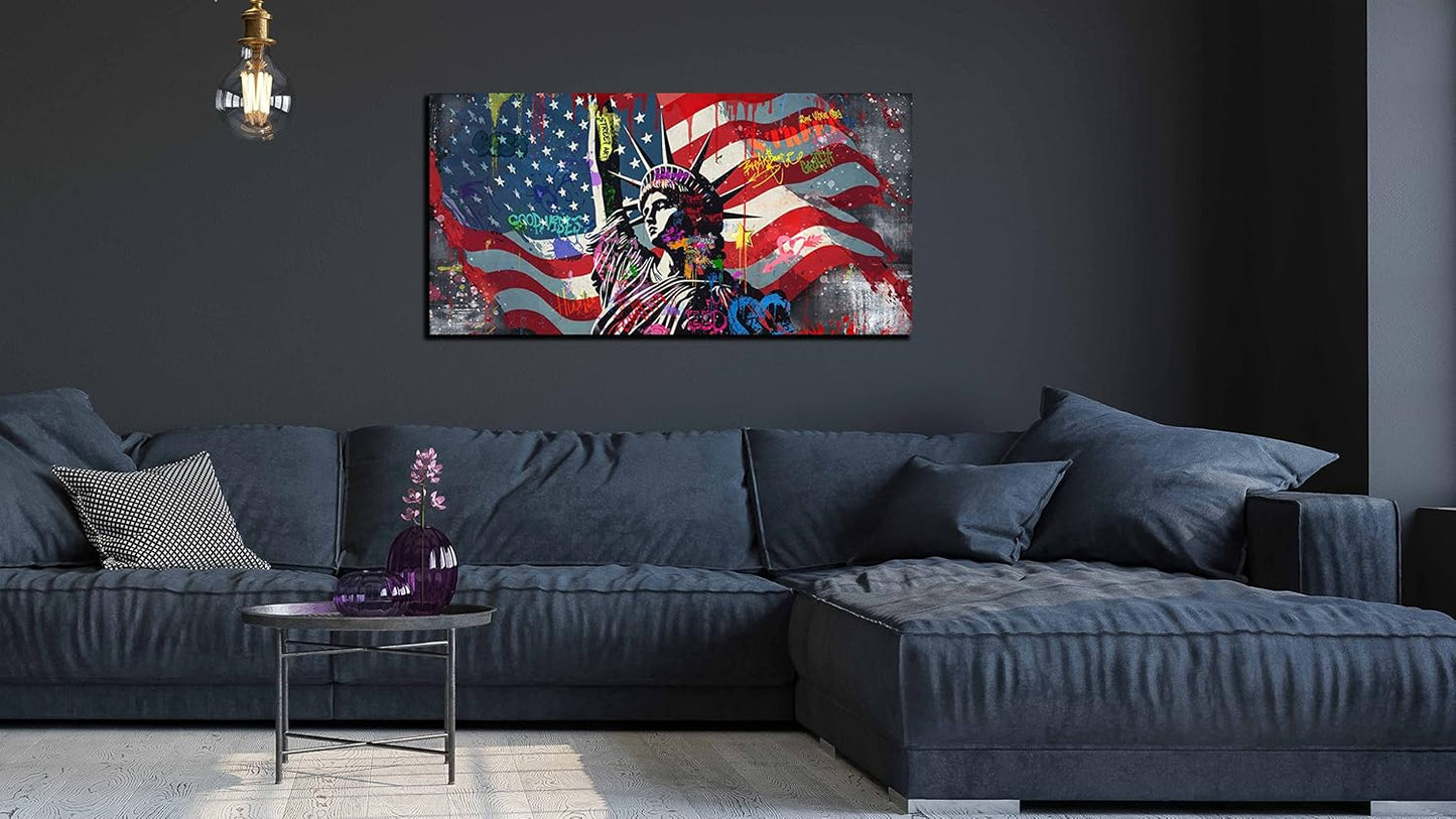 JKWALL77 American Flag Wall-Decor - Banksy Graffiti Canvas Wall Art - Office Pictures For Wall Ready To Hang Size 40" x 20"