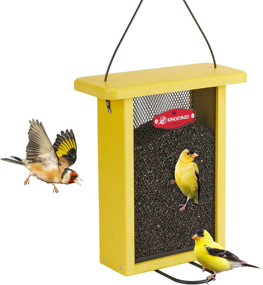 Kingsyard Metal Mesh Bird Feeder for Outdoors Hanging, Finch Feeder for Nyjer/Thistle, Sliding Mesh & Built-in Perch, Recycled Plastic, Yellow